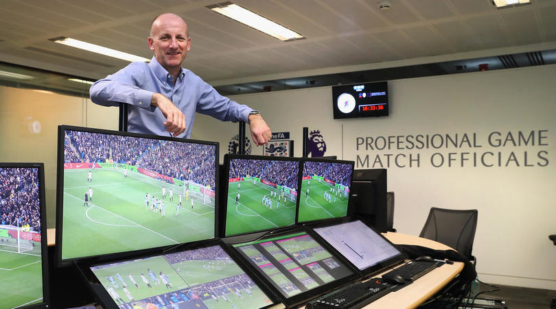 Premier League Referee Mike Riley with the VAR system