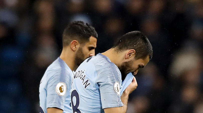 Manchester City's Ilkay Gundogan and Riyad Mahrez after the Premier League match at the Etihad Stadium, Manchester.