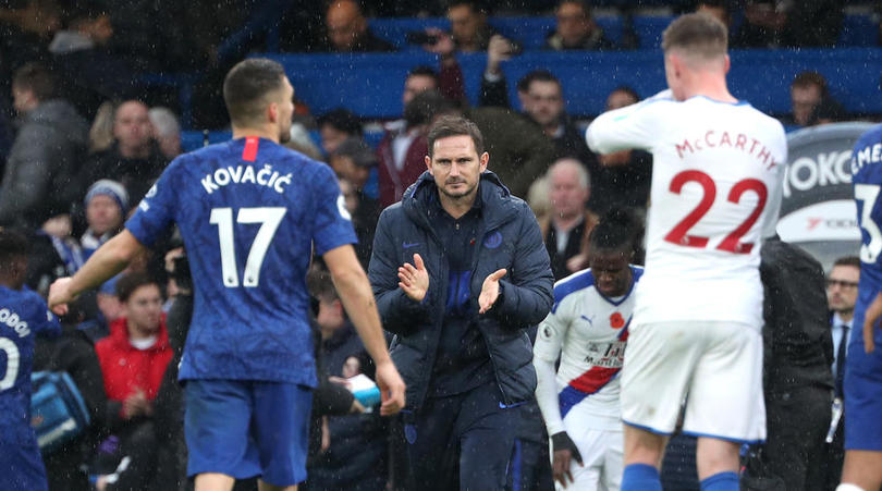 Chelsea manager Frank Lampard celebrates after the final whistle during the Premier League match at Stamford Bridge, London.