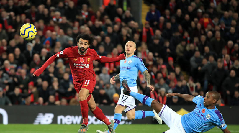 Liverpool's Mohamed Salah scores his side's second goal of the game during the Premier League match at Anfield, Liverpool