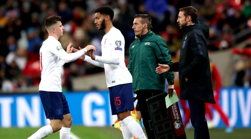 England's Mason Mount substituted for team mate Joe Gomez during the UEFA Euro 2020 Qualifying match at Wembley, London.