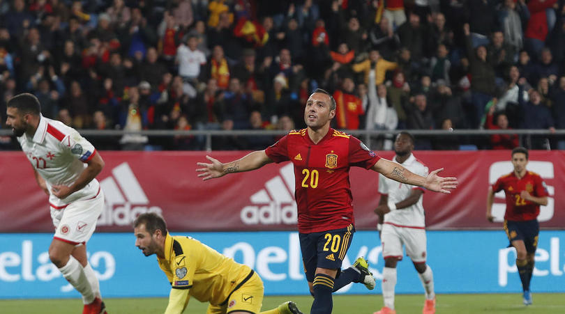 Spain midfielder Santi Cazorla celebrates after scoring