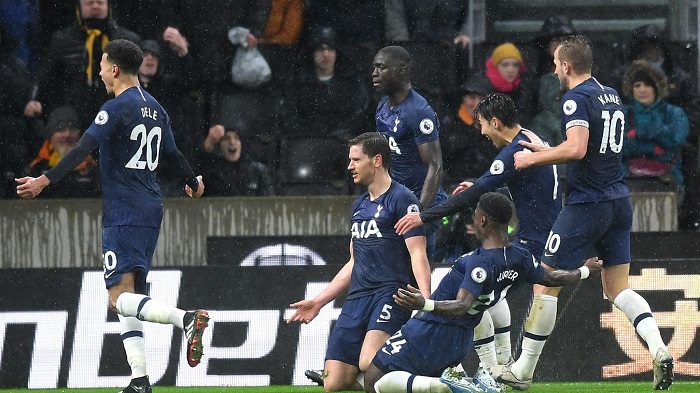 Jan Vertonghen celebrates his winner with Spurs teammates