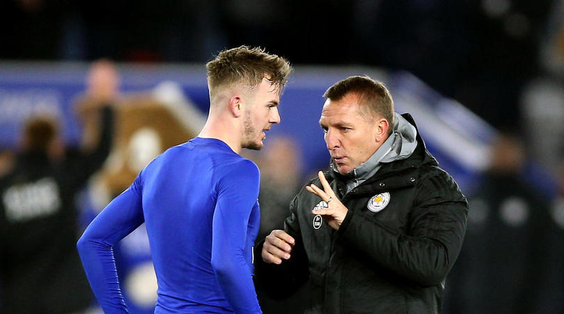 Leicester City's James Maddison and manager Brendan Rodgers