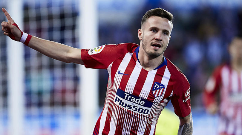 Saul Niguez celebrates after scoring during the La Liga soccer match