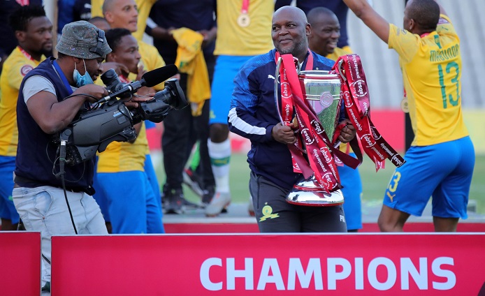 Pitso Mosimane, coach of Mamelodi Sundowns celebrates winning the Absa Premiership 2019/20 title